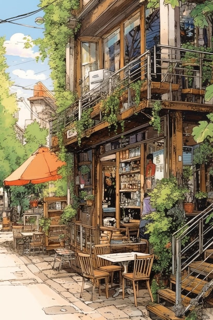 Anime budynek ulicy restauracja kawiarnia kawiarnia