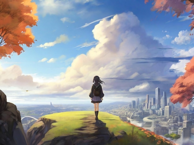 anime chłopiec oglądający miasto samo niebo cyfrowa sztuka malarstwo anime sztuka grafika tła anime postacie anime tapety kreskówki fantasy