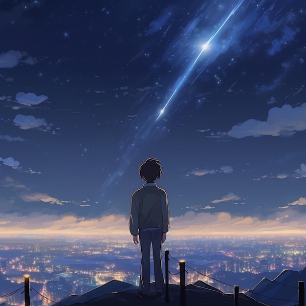 Zdjęcie anime chłopiec patrzący na gwiazdy na niebie generatywny ai