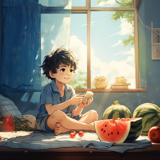 anime chłopiec siedzący na łóżku z talerzem arbuza generatywny ai