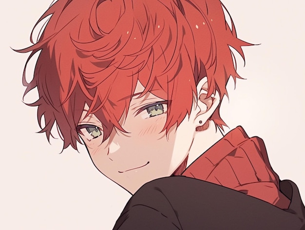 anime chłopiec z czerwonymi włosami i zielonymi oczami w czarnej kurtce generatywny ai