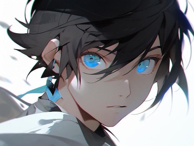 anime chłopiec z niebieskimi oczami i czarnymi włosami wpatruje się w kamerę generatywny ai