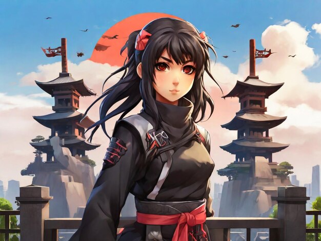 Anime dziewczyna młoda dziewczyna ninja na tle japońskiego pomnika
