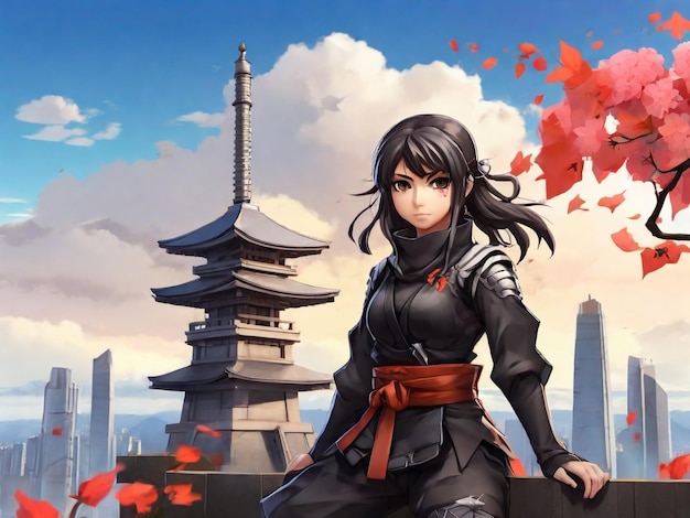 Anime dziewczyna młoda dziewczyna ninja na tle japońskiego pomnika
