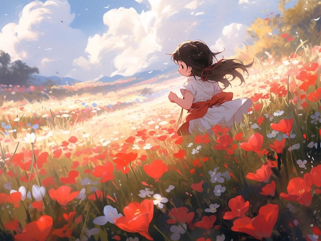 anime dziewczyna na polu kwiatów generatywny ai
