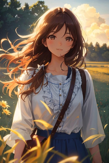 anime dziewczyna na polu kwiatów