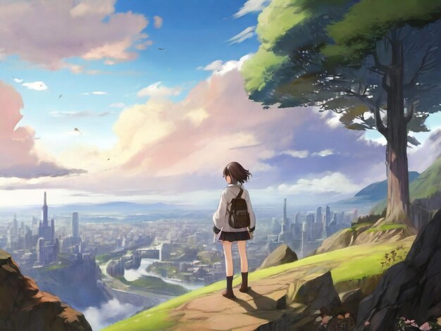 Anime dziewczyna oglądająca piękne miasto sztuka cyfrowa malarstwo anime sztuka grafika tła anime postacie anime tapety kreskówki dziewczyna fantazja