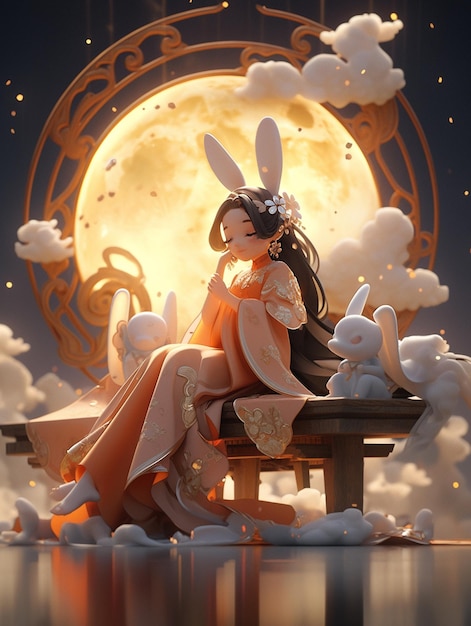 Anime dziewczyna siedząca na ławce z królikiem i księżycem w tle generatywny ai