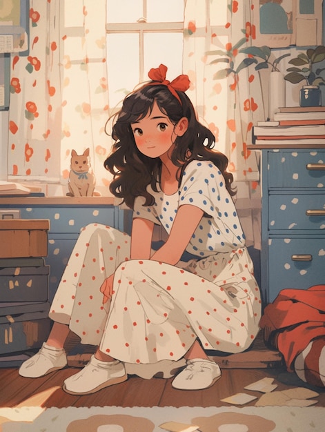 Anime dziewczyna siedząca na podłodze w pokoju z kotem generatywny ai