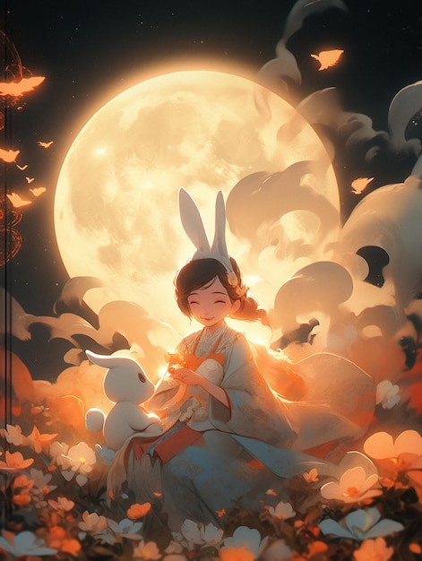 Anime dziewczyna siedząca na polu kwiatów z księżycem w tle generatywny ai