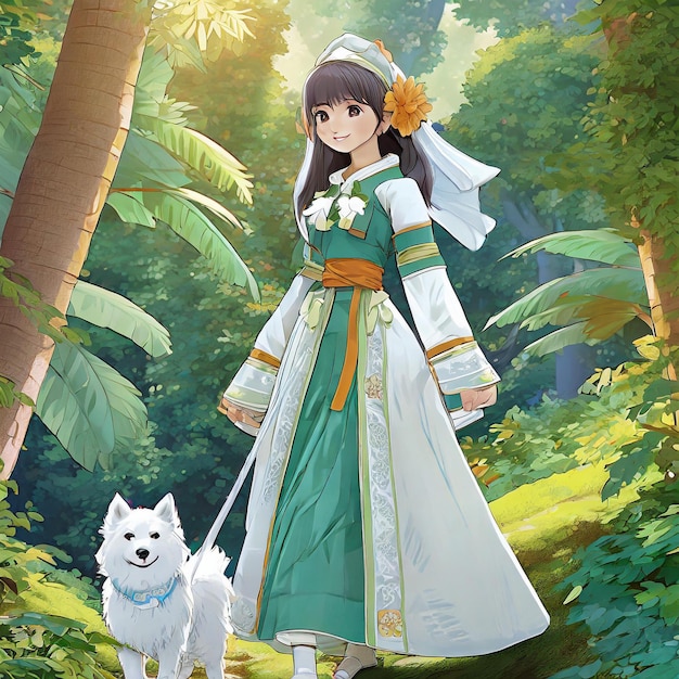 Anime dziewczyna spacerująca z psem w dżungli