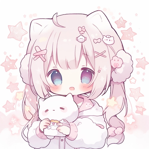 anime dziewczyna trzymająca białego kota z gwiazdami w tle generatywny ai