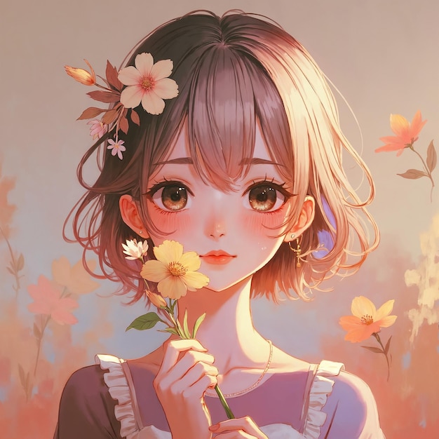 Anime Dziewczyna trzymająca żółty kwiat