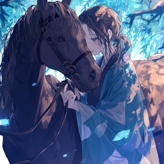 Anime dziewczyna uściskająca konia w lesie z niebieskim niebem generatywny ai