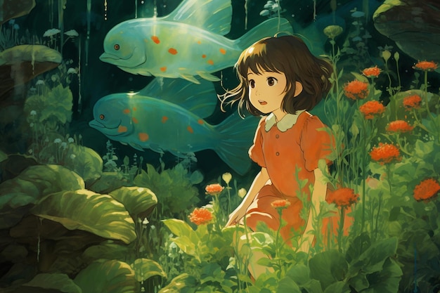 Anime dziewczyna w czerwonej sukience stojąca w ogrodzie z rybami generatywny ai