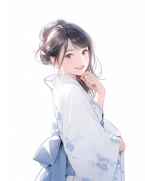 anime dziewczyna w kimono pozująca na zdjęcie z białym tłem generatywny ai