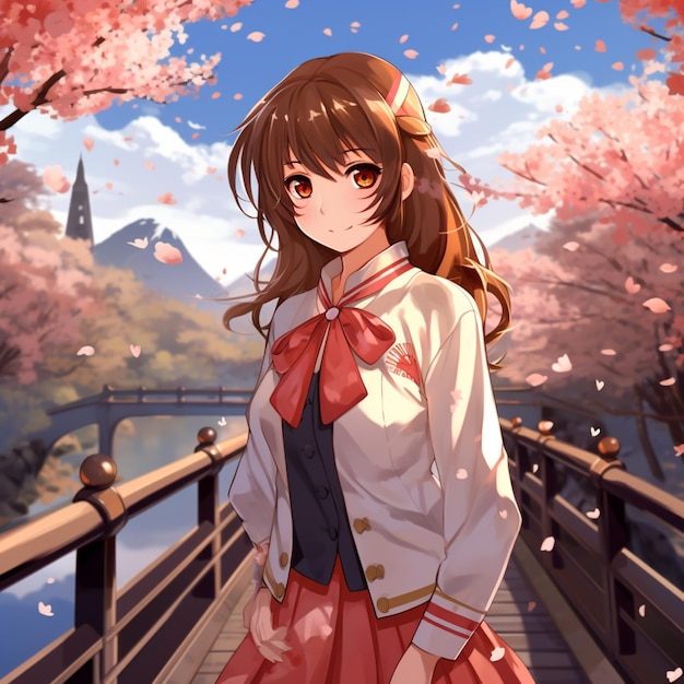anime dziewczyna w mundurze szkolnym stojąca na moście z kwiatami wiśni generatywny ai
