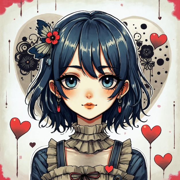 Anime Dziewczyna z balonami sercowymi i akcesoriem do włosów motyla
