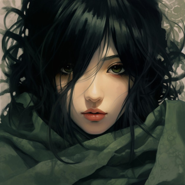 Anime dziewczyna z czarnymi włosami i zielonym szalikem patrząca na kamerę generatywny ai