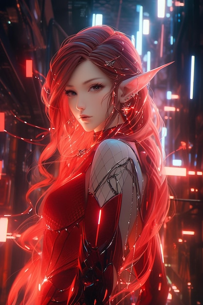 Anime dziewczyna z czerwonymi włosami i czerwonymi oczami w futurystycznym mieście generatywny ai