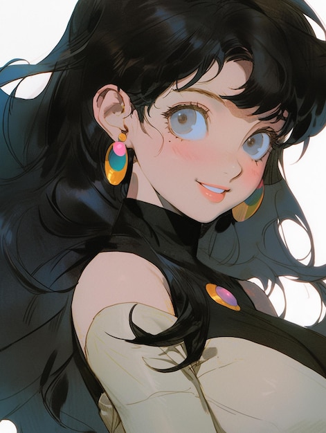 Anime dziewczyna z długimi czarnymi włosami i kolczykami nosząca czarny top generatywny ai