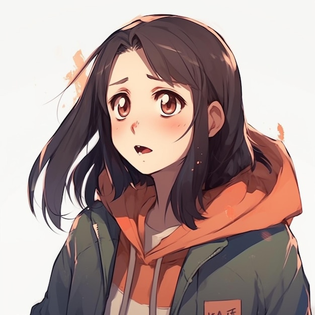 anime dziewczyna z długimi czarnymi włosami nosząca zieloną kurtkę i pomarańczowy kaptur generatywny ai