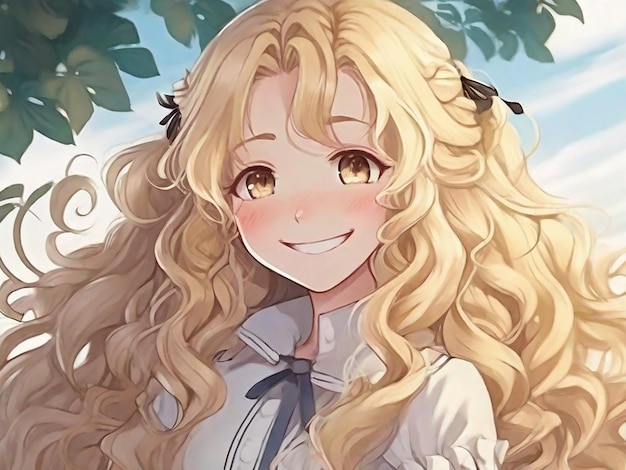 Anime dziewczyna z długimi kręconymi blond włosami i łagodnym uśmiechem
