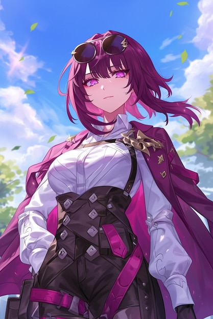 anime dziewczyna z fioletowymi włosami i okularami przeciwsłonecznymi stojąca przed niebieskim niebem generatywny ai