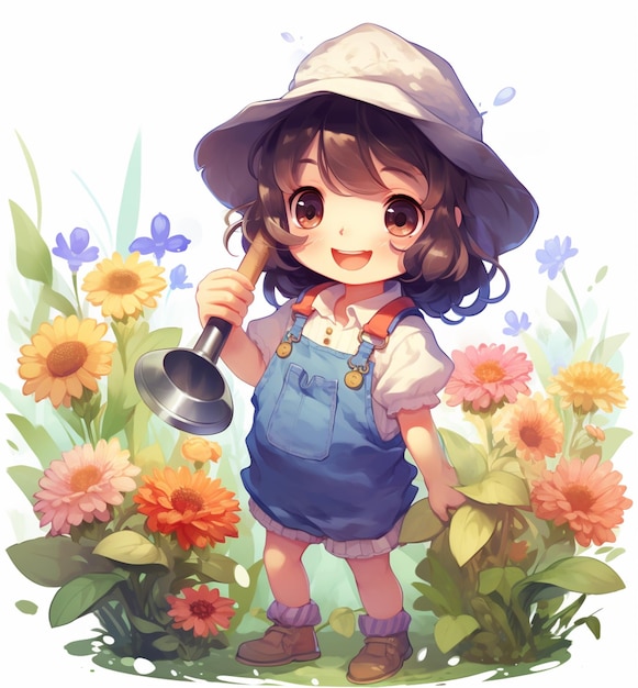 anime dziewczyna z kapeluszem i węzem nawadniającym na polu kwiatów generatywny ai