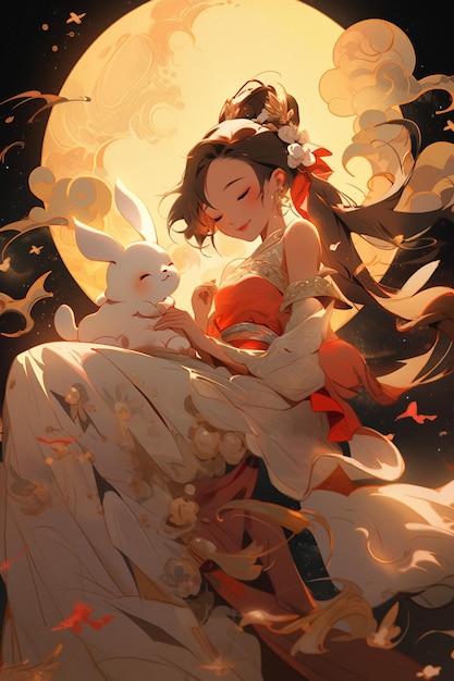 Anime dziewczyna z królikiem w ramionach i księżycem w tle generatywny ai