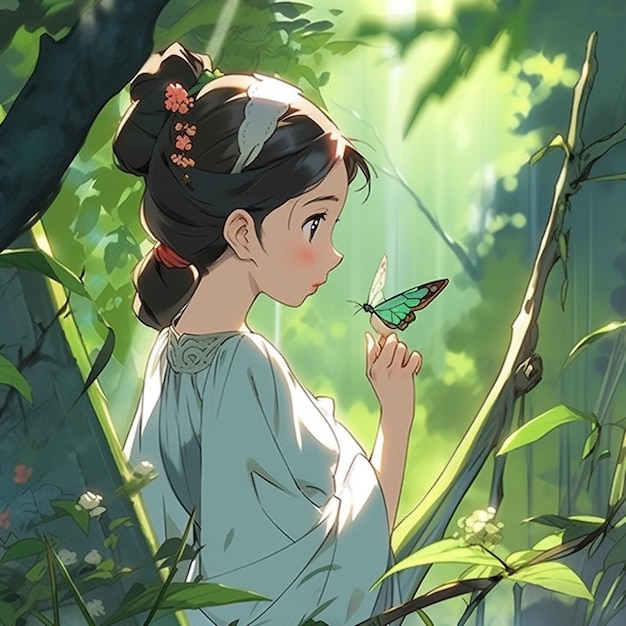 anime dziewczyna z motylem w ręku w lesie z światłem słonecznym generatywny ai