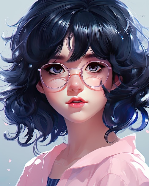 Anime dziewczyna z okularami niebieskie oczy różowy sweter z prostym tłem