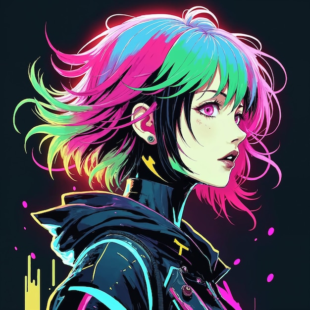 Anime Girl with Neon Hair in Cyberpunk Style