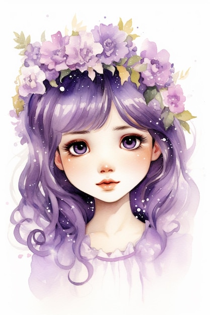 anime girl z fioletowymi włosami i kwiatami we włosach generatywną ai