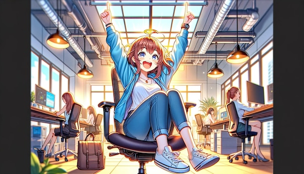 Anime ilustracja młoda kobieta bardzo szczęśliwa i podekscytowana