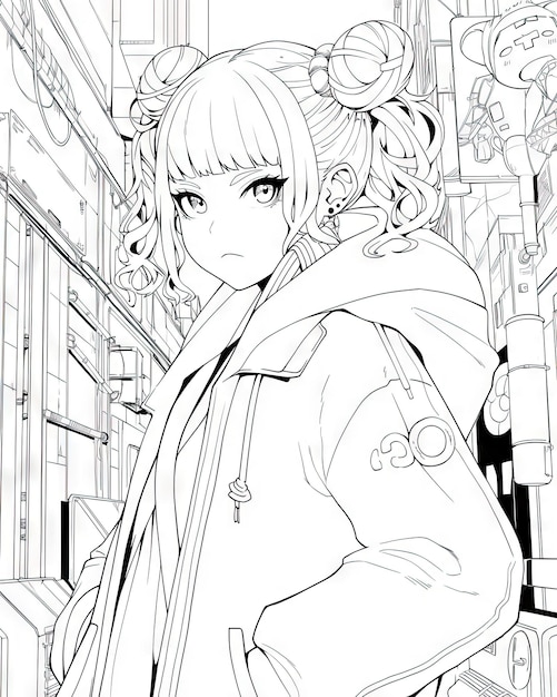 Anime Kolorowanie Strona Czarno-biała linia sztuki popularnej azjatyckiej postaci żeńskiej ze sceny manga