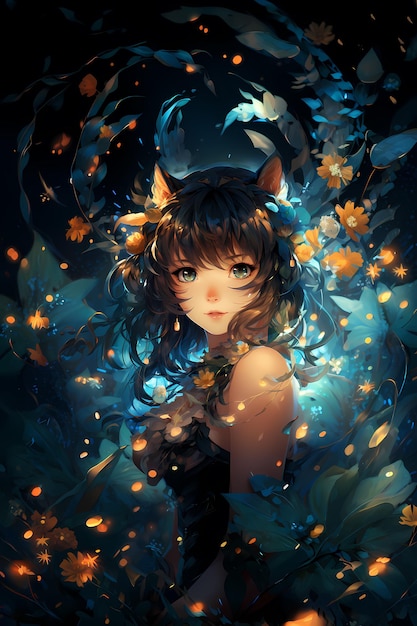 Anime kotka w kostiumie kota i kwiaty wokół jej cyfrowej ilustracji