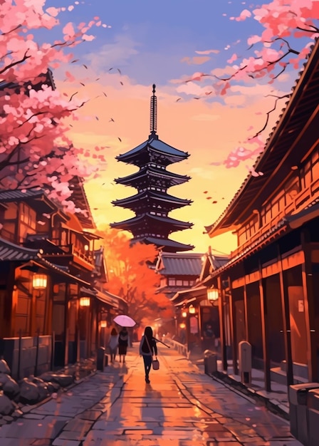 Anime krajobraz kobiety idącej ulicą z pagodą w tle generatywny ai