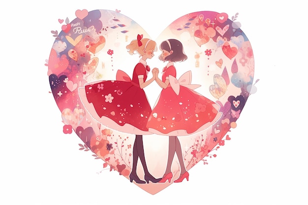 Anime lesbijska para wewnątrz kwiatowego serca ilustracja walentynki romantyczne tło