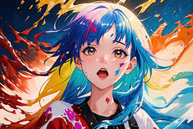 Anime manga dziewczyna w kolorach tęczy wirowej ilustracji generatywnej ai