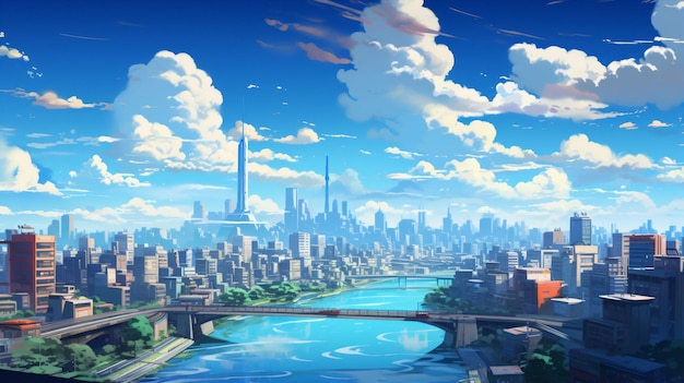 Zdjęcie anime nowoczesne miasto krajobraz niebieskie niebo