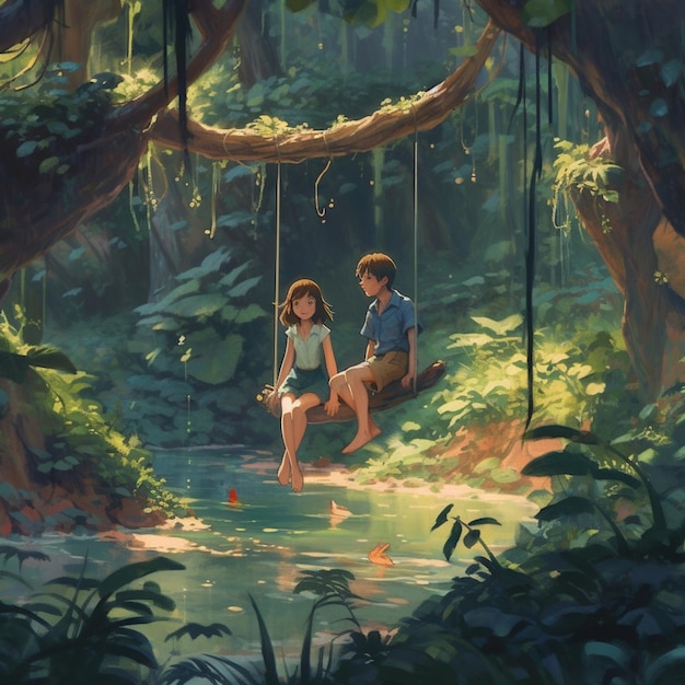 Anime para siedząca na huśtawce w dżungli z strumieniem generatywny ai
