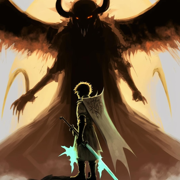 Zdjęcie anime postać z mieczem i demonem jak twarz stojąca przed olbrzymim demonem generatywny ai