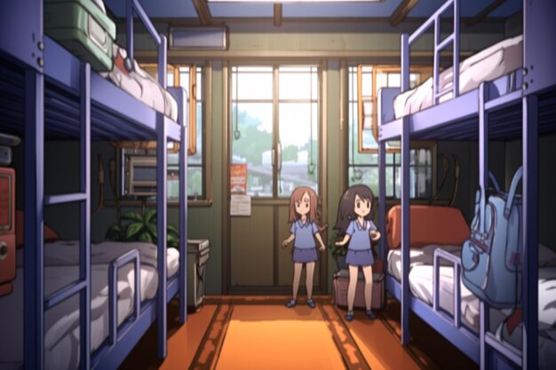 Anime scena dwóch dziewcząt stojących w pokoju z łóżkami piętrowymi generatywny ai