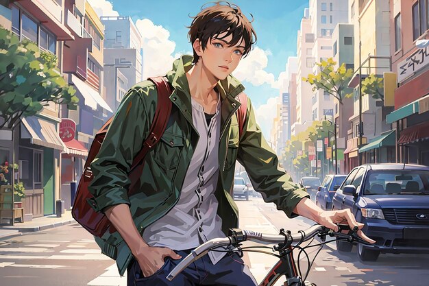 Anime smutny chłopiec stojący z rowerem i patrzący na pejzaż natury, tapetę pulpitu miasta