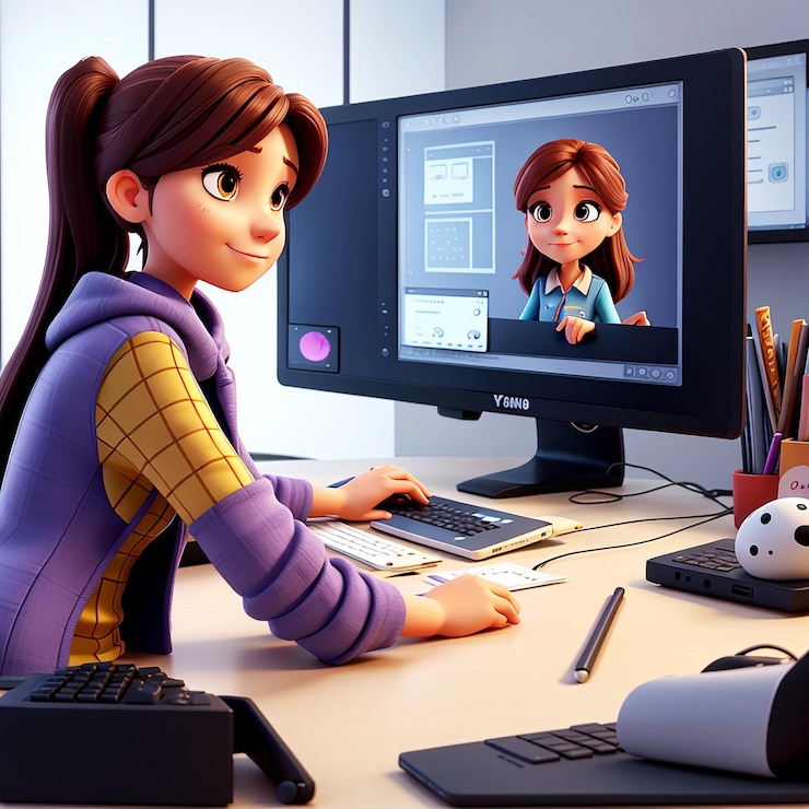 Zdjęcie anime style młoda kobieta edytująca wideo ilustracja postaci 3d