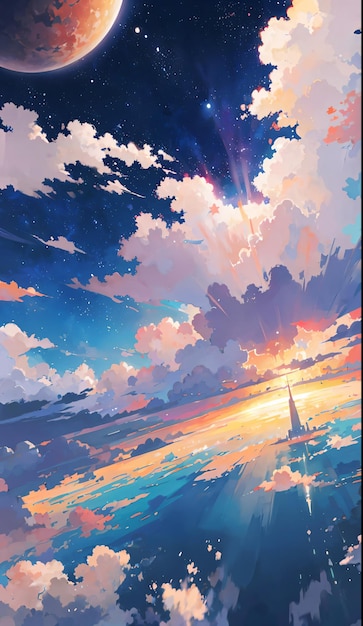 Anime telefon tapeta fantasy krajobraz z planetą i chmurami na niebie