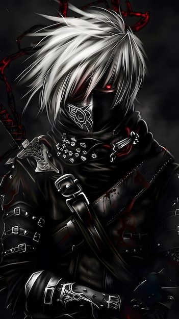 Anime zabójca na czarnym tle z maską