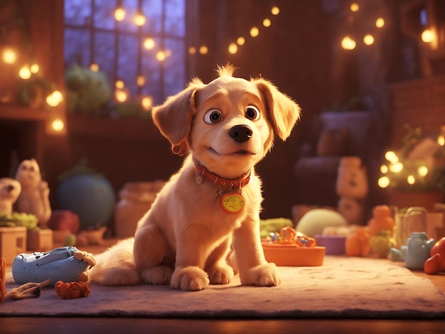 Animowana animowana postać psa w 3D o uroczym, radosnym wyglądzie. Wygenerowana sztuczna inteligencja