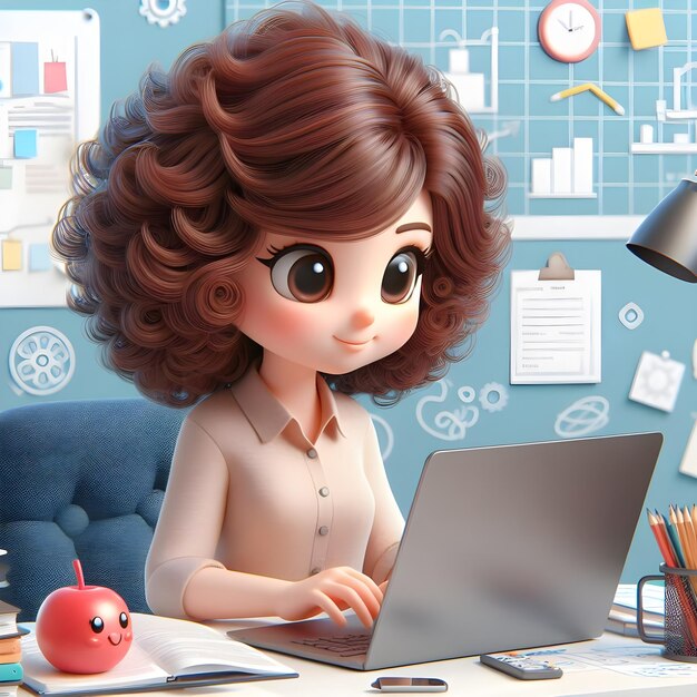 Animowana bizneswoman pracująca pilnie przy swoim biurku w biurze korporacyjnym